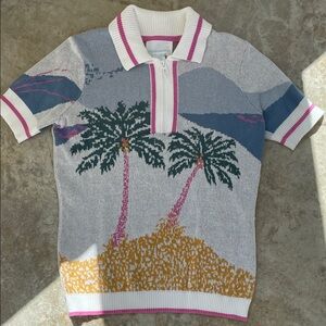 Cynthia Rowley Pink and White Palm Tree Design Knit Top